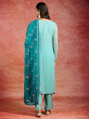 Image of Libas Embroidered Georgette Straight Kurta With Trouser and Dupatta