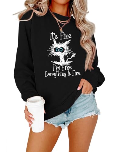 BYIPY Cat Graphic Sweatshirts For Women Cute Long Sleeve Shirts I'm Fine Everything Is Fine Sweatshirt Pullover Crewneck Tops M Black