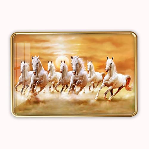 Image of 7 Running Horses Photo Frame, Ultra High Gloss Lamination, Vastu Painting for Living Room, Office, 12x18 Inch (Design 2)