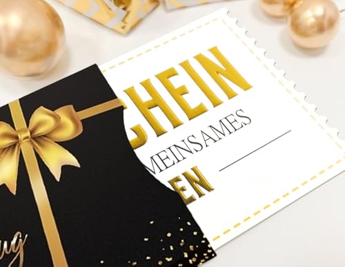 Luckeey Gutschein für ein gemeinsames Essen – Edle Geschenkkarte mit Goldfolie, Umschlag „Zeit anstatt Zeug“ & Rubbelaufkleber und Hülle – Gutscheine zum Selberausfüllen, Gutscheinkarte Essen gehen