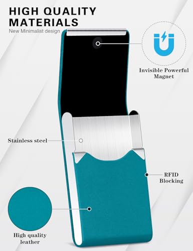 Image of Padike Professional Business Card Holder PU Leather Business Card Case Name Card Holder Slim Metal Pocket Card Holder with Magnetic Shut (Y-Blue green)
