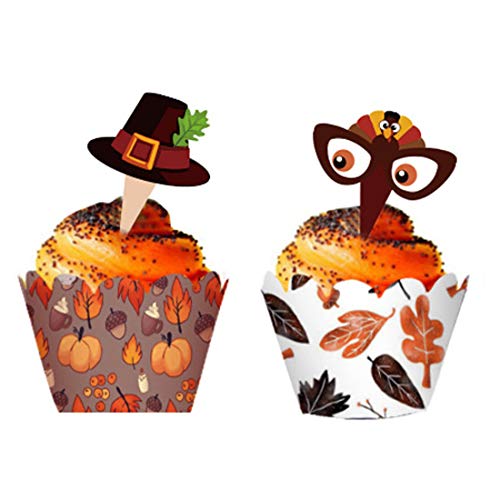 48 Pieces Thanksgiving Cupcake Toppers Cupcake Wrappers Kit For Thanksgiving Day Autumn Cake Decoration #TOP2