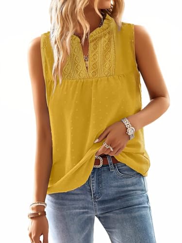 Falechay Womens Summer Tops Sexy V Neck Blouses for Women Dressy Casual Cute Western Sleeveless Shirt Swiss Dot Tunic Top Bohemian Teacher Shirts Flowy Peasant Shirt Yellow L
