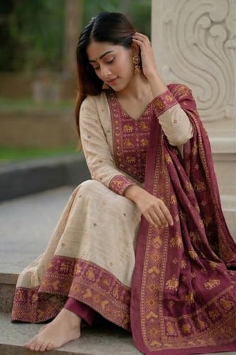 Image of ANNI Designer Kurta Sets for Women Viscose Printed | Kurta Pant Dupatta Set | A-Line Kurti Set for Women | Round Neck 3 /4 Sleeve Ethnic Suit | Designer Indian Kurti Outfit with Pants