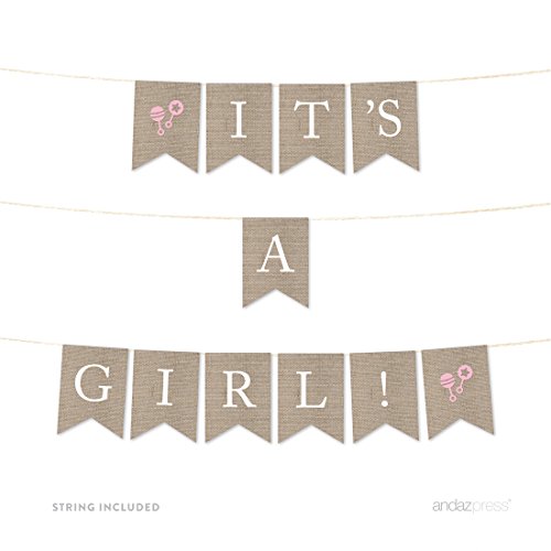 Andaz Press Baby Shower Hanging Bunting Pennant Party Banner with String, Printed Burlap, It's a Girl!, 4-Feet, 1-Set, Includes String