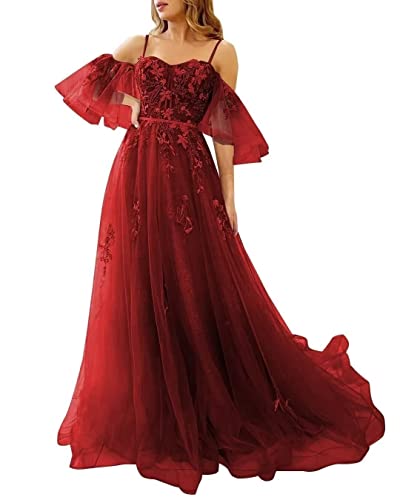Off Shoulder Lace Appliques Tulle Prom Dresses Long Spaghetti Straps Ball Gown for Women Formal Evening Party Gown