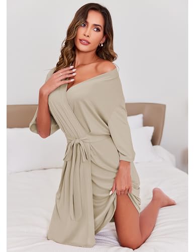 Image of Ekouaer Short Robes for Women Lightweight Kimono Robes Knit Bathrobe Soft Sleepwear with Pockets S-XXL