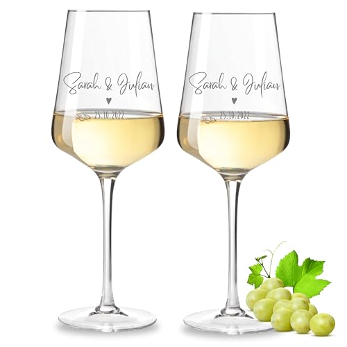 VILLA ROSA LOTTA - Leonardo Weinglas 2er Set mit Gravur - Hochzeitsgeschenke für Brautpaar Personalisiertes Geschenk zur Hochzeit Verlobung Jahrestag mit Name und Datum Herz mini 750 ml