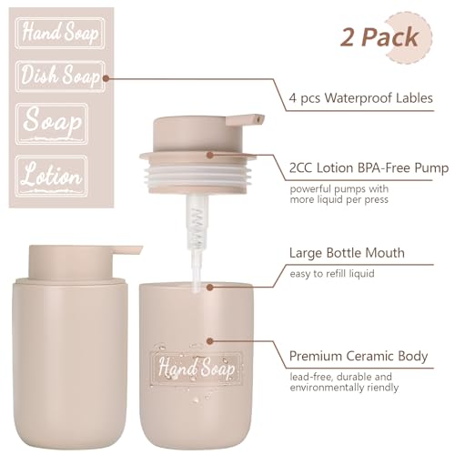 Image of BosilunLife Khaki Soap Dispenser Set - 2 Pack 12oz Ceramic Dish Soap Dispenser with Rust Proof Pump for Kitchen, Hand Soap and Lotion Set Suitable for Farmhouse Bathroom Decor with Waterproof Labels