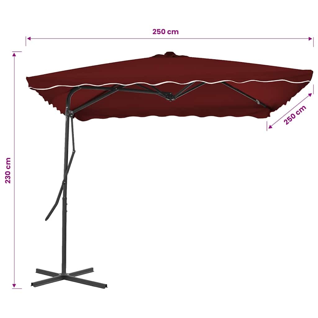Parasol przeciwsłoneczny ze stalowym słupkiem, 250 x 250 cm, bordowy, wychylny, odporny na działanie promieni UV, wytrzymały stalowy stelaż i solidna podstawa krzyżowa, ochrona tarasu i