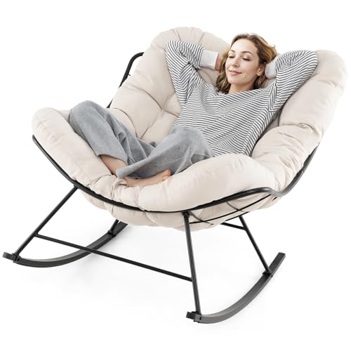 COSTWAY Fauteuil a Bascule d'Intérieur et d'Extérieur, Chaise Papasan Surdimensionnée avec Coussin Rembourré, Cadre en Métal, Fauteuil Œuf pour Salon, Patio, Capacité 205 kg (Beige)