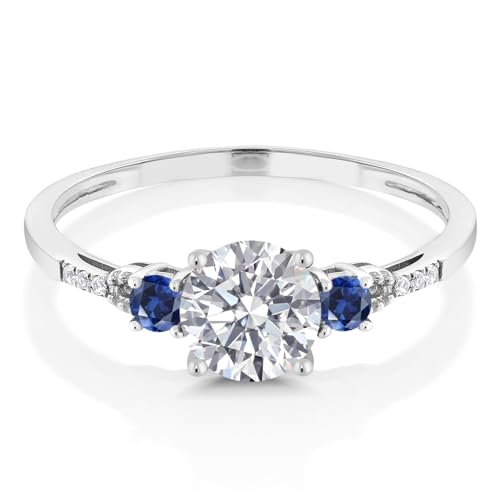 Gem Stone King 10K White Gold Lab Grown Diamond and Blue Created Sapphire Engagement Ring For Women | 0.87 Cttw | Round 6MM | Gemstone April Birthstone | Available in Size 5,6,7,8,93