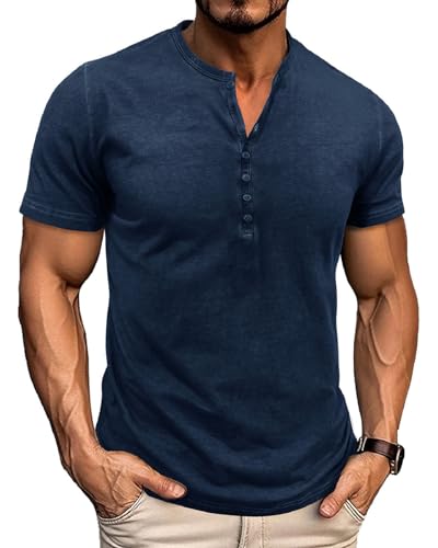 LAOARA Tshirt Herren Henley Shirt Kurzarm Sommer T-Shirts V Ausschnitt Knopfleiste Baumwolle Vintage Blau XL