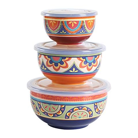Bico Tunisian Ceramic Bowl with Air Tight Lid Set of 3(27oz, 18oz, 9oz each), Prep bowls, Food Storage Bowl for Salad, Snacks, Fruits, Microwave and Dishwasher Safe Cover