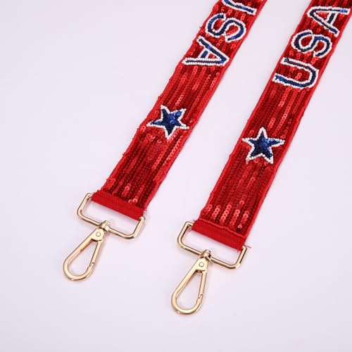 Image of Beaded 4th of July Purse Strap USA Purse Strap Replacement Red White and Blue Patriotic Crossbody Shoulder Bag Straps 4th of July Outfits (Style F)