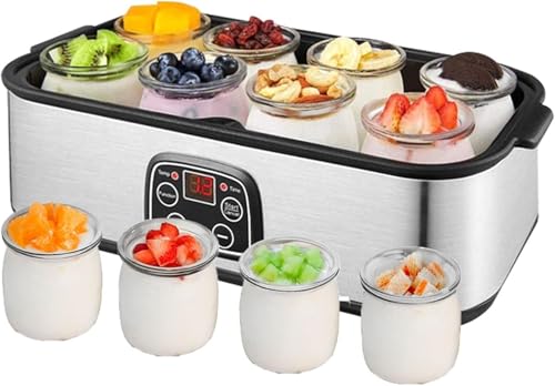 Máquina automática de yogurt con 8 tarros de vidrio, acero inoxidable, 1400 ml, pantalla LED, máquina de yogur portátil de 30 W para yogur casero