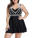 LALAGEN Womens Halter Swimdress Plus Size Two Piece Swimsuit Tankini Set Black XXXL