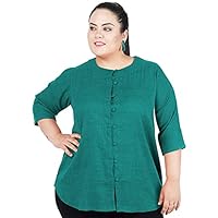 Indietoga Women's Green Cotton Linen Tunic Tops (Plus Size 9XL)