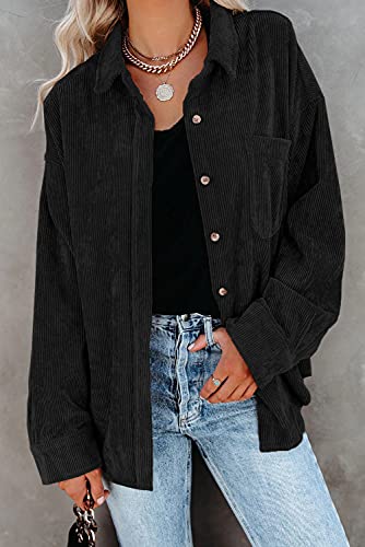 Magritta Long Sleeve Blouse For Women Girls Fashion Corduroy Solid Color Cuffed Collared V Neck Button Down Loose Fit Shirts Tops With Pockets Black Small #TOP2