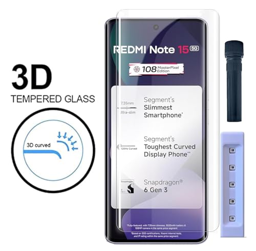 Image of FabekeeUV Advanced Tempered Glass Screen Protector Guard Compatible For Redmi Note 15 5G (6.77 Inch, Pack of 1) Full Adhesive UV Curved Case Friendly HD Clarity with easy installation kit
