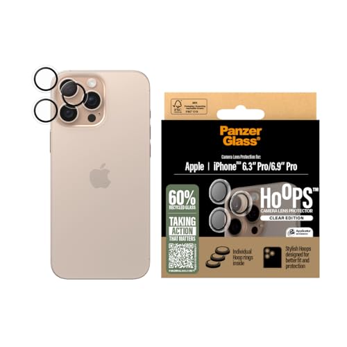PanzerGlass HOOPS - Protector de lente de cámara para Apple iPhone 16 Pro / 16 Pro Max 2024 | Cristal de claridad ultra alta, protección de lente individual de cobertura completa, antiarañazos,