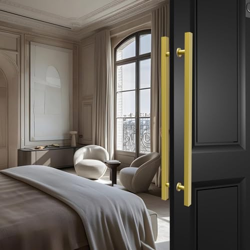 Image of 36 inch Titanium Gold Square Barn Door Pull Handle Double Sided | Heavy Duty 304 Stainless Steel, 27-9 /16 inch Hole Spacing, Fits 3 /4 inch-2 inch Thick Barn, Front Entry, Sliding & Exterior Doors