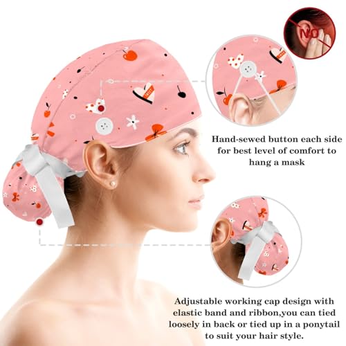 Image of Women's Working Caps Bouffant Surgical Cap with Bow Scrunchies Little Daisy Art Paint Ponytail Holder Tie Back Scrub Hat