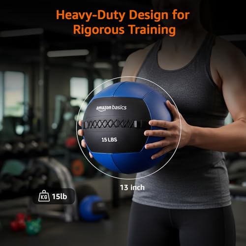 Image of Amazon Basics 15 lbs Exercise Wall Ball | Slam Ball | Durable Stitched Composite | Premium SRF Material | Enhanced Grip | Balanced Feel | Strength & Core Workouts | Home & Gym Use | 13'' Dia| Blue & Black