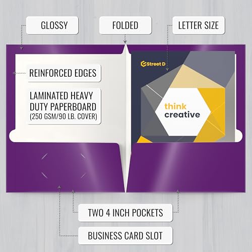 Image of Better Office Products 2 Pocket Glossy Laminated Purple Paper Folders, Letter Size, Purple Paper Portfolios, Box of 25