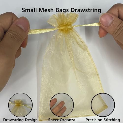 Image of Organza Bags 2.8 inchx3.6 inch, 100Pcs Small Mesh Drawstring Pouches | Gold Organza Bags for Jewelry, Candy, Party Favors, Small Sachet Wrap, Storage Supplies