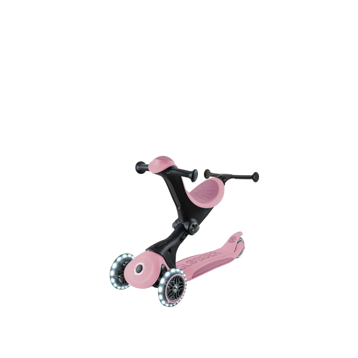 Globber - GO•UP DELUXE LIGHTS ECO 360 - monopattino evolutivo a 3 ruote con seduta girevole a 360°, poggiapiedi, luci LED e materiali sostenibili, per bambini da 15 mesi a 6 anni - rosa bacca