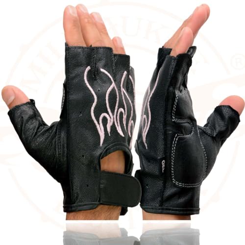 Image of Milwaukee Leather SH198 Men's Black Flame Embroidered Fingerless Gloves with Gel Palm | Padded Comfort; Vibration Relief; Flame Embroidery