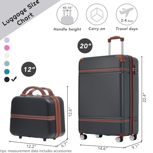 20 IN Hardside Luggage with Cosmetic Case, 2 Piece Lightweight Suitcase Set with Spinner Wheels, Carry on Vintage Luggage,Black2