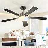 Amico Ceiling Fans with Lights, 52 inch Smart Ceiling Fan with Remote/APP/Alexa Control, Downrod Mount, Reversible DC Motor, 5 Blades, 6 Speeds, 3CCT, Dimmable, Noiseless, Bedroom, Living Room, Black