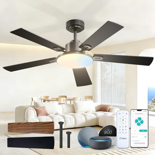 Amico Ceiling Fans with Lights, 52 inch Smart Ceiling Fan with Remote/APP/Alexa Control, Downrod Mount, Reversible DC Motor, 5 Blades, 6 Speeds, 3CCT, Dimmable, Noiseless, Bedroom, Living Room, Black