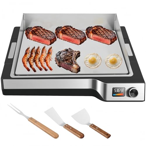 Besococina Electric Griddle 536°F Max Temp, Electric Grill Indoor Outdoor 14', Dishwasher-Safe Indoor electric skillet, Nonstick Flat Top Grill 5mm Stainless Steel Plates, Spatula & Fork