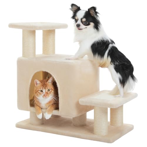 UYMI 3-in-1 Dog Stairs & Cat Scratching Post with Condo, Pet Steps for High Beds, Sofa, Couch, Tall Cat Tower, High-Strength Boards for Indoor Small Cats Kittens Dogs Climbing Playing, 3 Steps-Beige