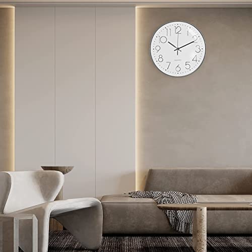 Image of TEKCOOL Digital Wall Clock 12 inch Silent Quartz Decorative Non-Ticking Classic Clock Battery Operated Round Easy to Read for Room /Home /Kitchen /Bedroom /Office /School- (White Silver);
