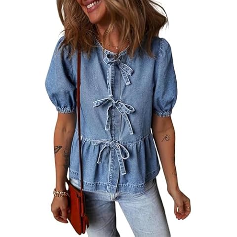 Kluyuexin Women's Casual Short Sleeve T-Shirts Round Neck Cute Tied Front Bow Tunic Tops Tees Blouses Shirt Blue S Cover