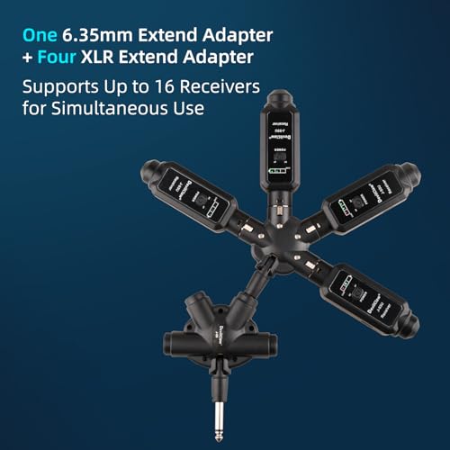 Adaptador inalámbrico UHF XLR a TRS de múltiples salidas para micrófonos dinámicos, guitarra, mezcladora y sistema PA, con 16 frecuencias ajustables y carga USB miniatura 4