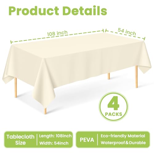 Image of Mulbozy Cream Plastic Table Cloth Disposable 4 Pack, 54 x 108 Inch Tablecloths Rectangle, Ivory Plastic Table Cover for Party Decor