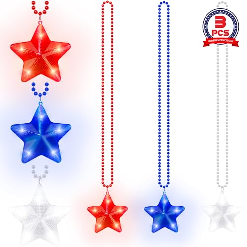 4th of July Accessories, 3PCS Star Light up Necklace Independence Day Beads, Red White Blue Patriotic Fourth of July Necklace Party Favor, Glow Star Accessories for Memorial Veterans Day Parades