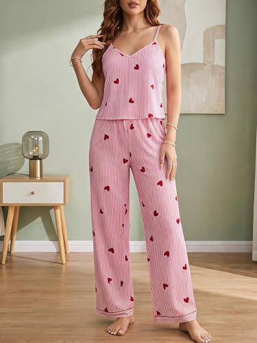 Image of Women's Cute Heart Print Striped Pajama Set 2 Piece V Neck Cami Top and Pants Lounge Sets Sleepwear