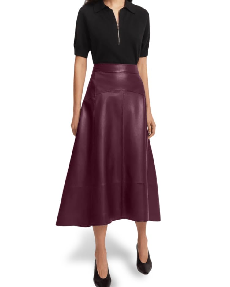 Jild Real Lambskin Leather Skirts for Women High Waist Classical Mid Length Going Out Skirt with Stylish Patchwork (Skirt-Burgundy-XS)