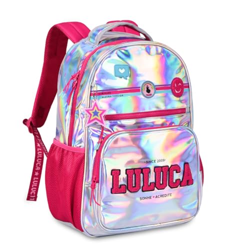 Kit Mochila Luluca de Costas Holográfica Lancheira Estojo Escolar Juvenil