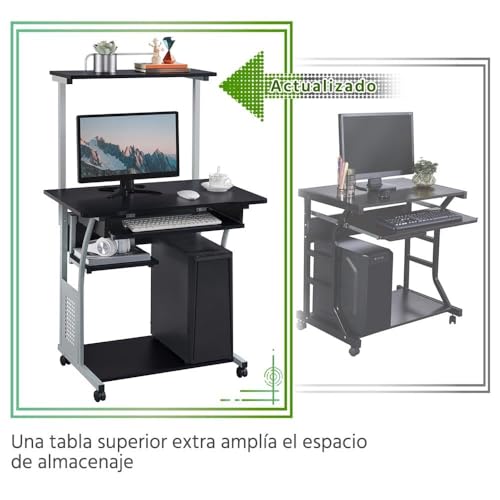 Miniatura 4 de Yaheetech Mesa De Ordenador Con Ruedas 80x50x132cm Mesa De Trabajo Móvil Escritorio Con Estantería Bandeja Para Teclado Para Estudio Casa Oficina Negro