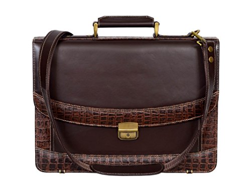 Men's 5996 Brown Crocodile Print Messenger Shoulder Laptop Office Flap over Briefcase Leather Bag2