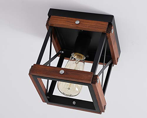 Fivess Lighting Rustic Farmhouse Flush Mount Ceiling Light 1-Light Metal And Wood Cage Mini Semi Flush Mount Light Fixture For Hallway Kitchen Entryway, Black #TOP6