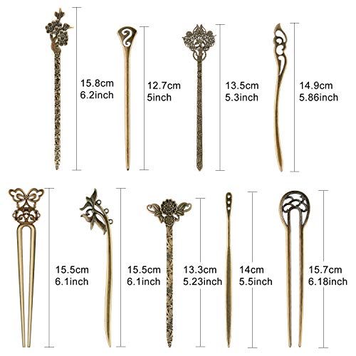 TUPARKA 18 PCS Hair Sticks Antique Bronze Hair Pin Chinese Women Hair Chopsticks Pins Retro Vintage Decorative for Hair Diy Accessory（9 Design） - Thumbnail 6