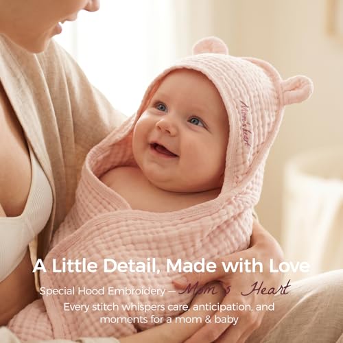 Image of Momcozy 6-Layer Muslin Cotton Baby Towels with Hood, 32x32 Inch, Pink | 6-Layer 100% Cotton Muslin Hooded Baby Towel Set for Newborn, Infant & Toddler, Soft Absorbent Baby Bath Essentials